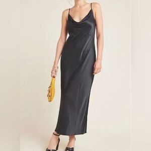 Anthropologie Elyse Embossed Satin Printed Cowl Neck Slip Midi